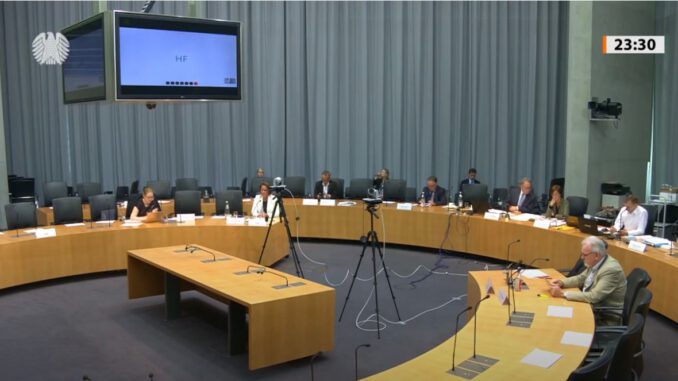 Politiker sitzen in einem Halbkreis um einen Bildschirm für die Anhörung im Gesundheitsausschuss.